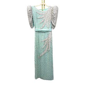 Judith Anne Mint Green & White Silk Sequin Beaded Gown vintage